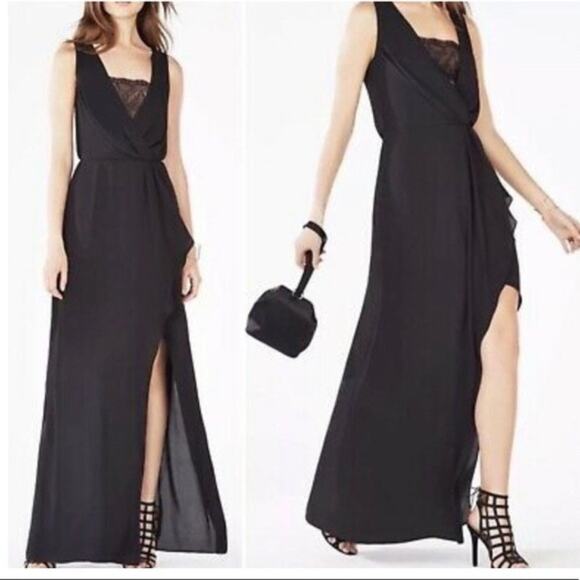 BCBGMAXAZRIA Women Black Koko Lace Trim Blouson Maxi Gown Dress size 0 - Picture 1 of 6